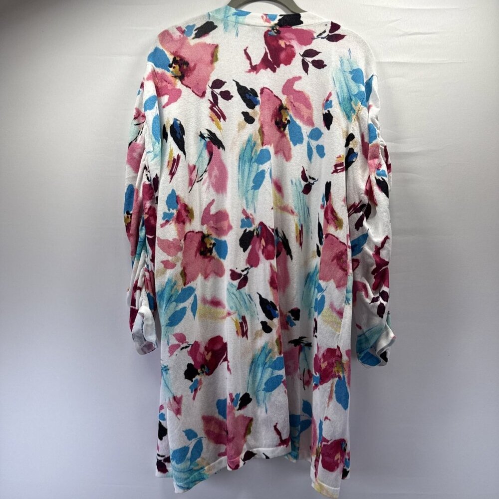 Chicos Women's‎ Cardigan Open Size XL Colorful Floral Ruched Sleeves Knit Light - Picture 2 of 8